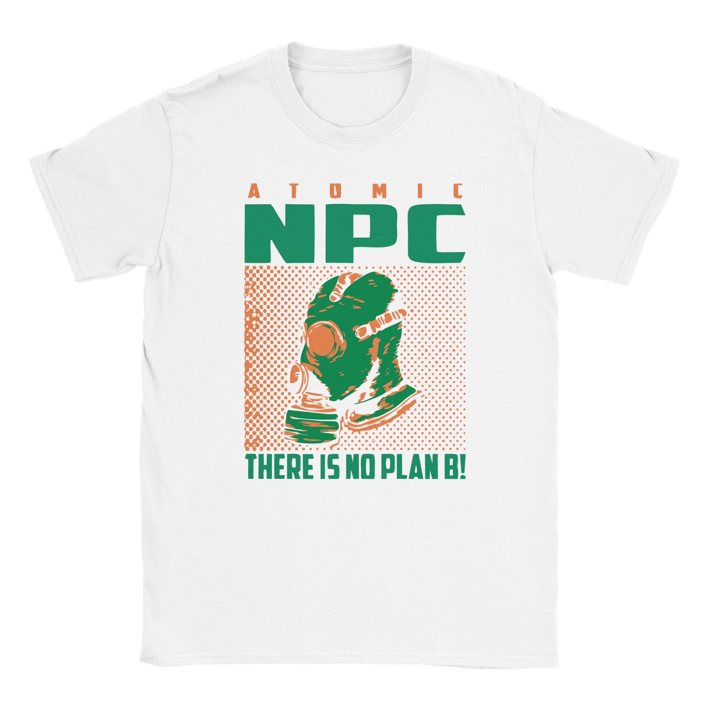 Gas mask figure in halftone style with bold NPC text and There Is No Plan B on white t-shirt
