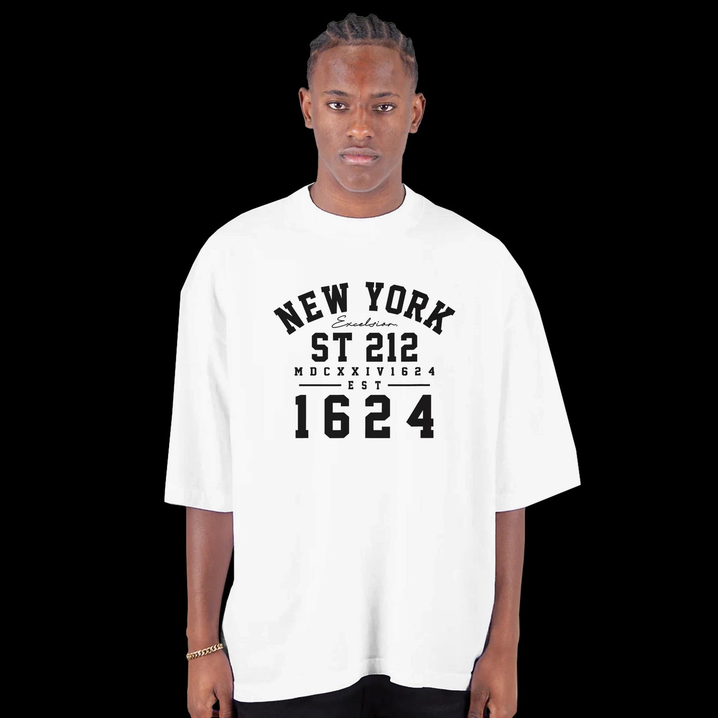 white t-shirt with bold NYC 1624 lettering representing the founding year of New York with streetwear style front