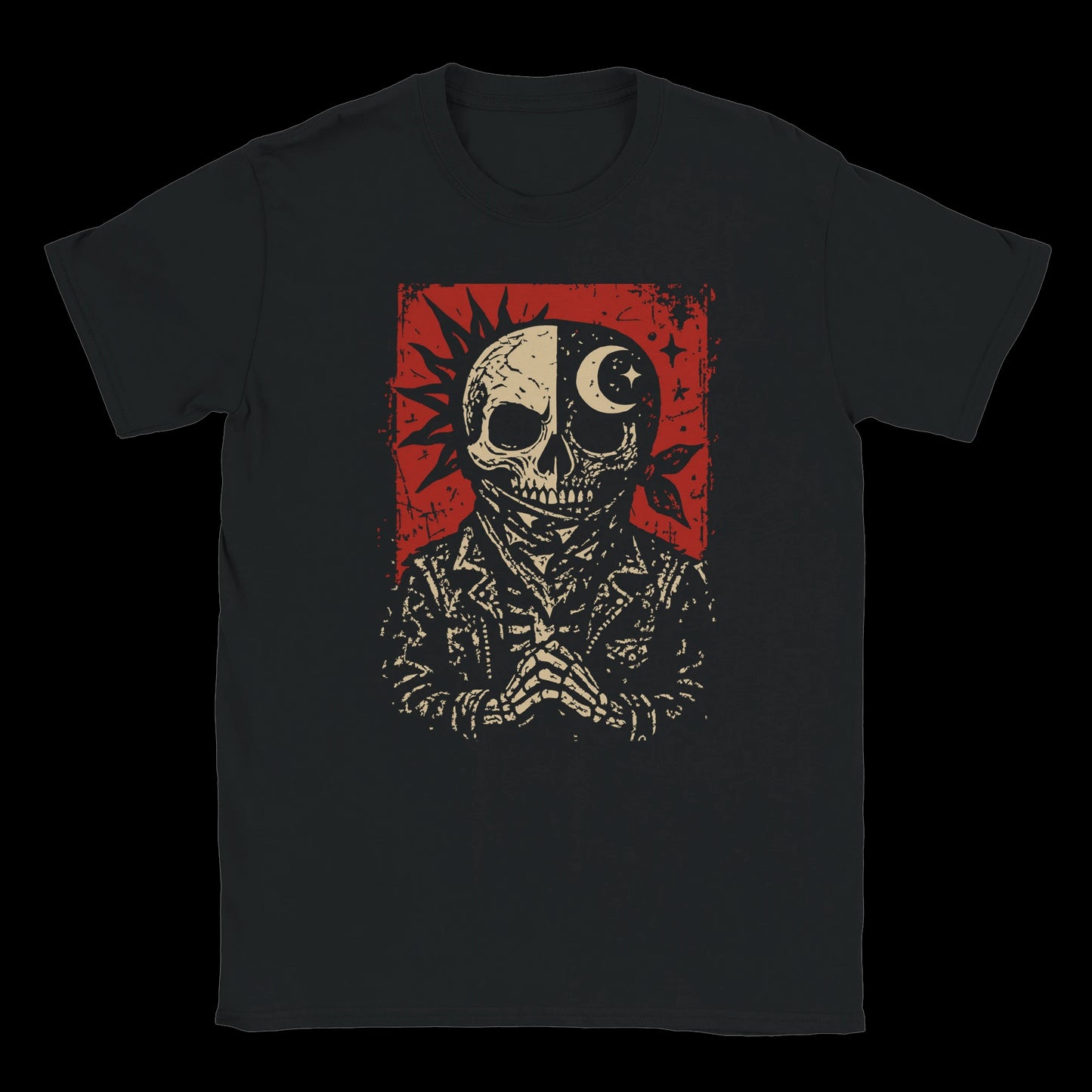 Split skull design with sun and moon symbols, red distressed background, and jacketed skeleton on black tee