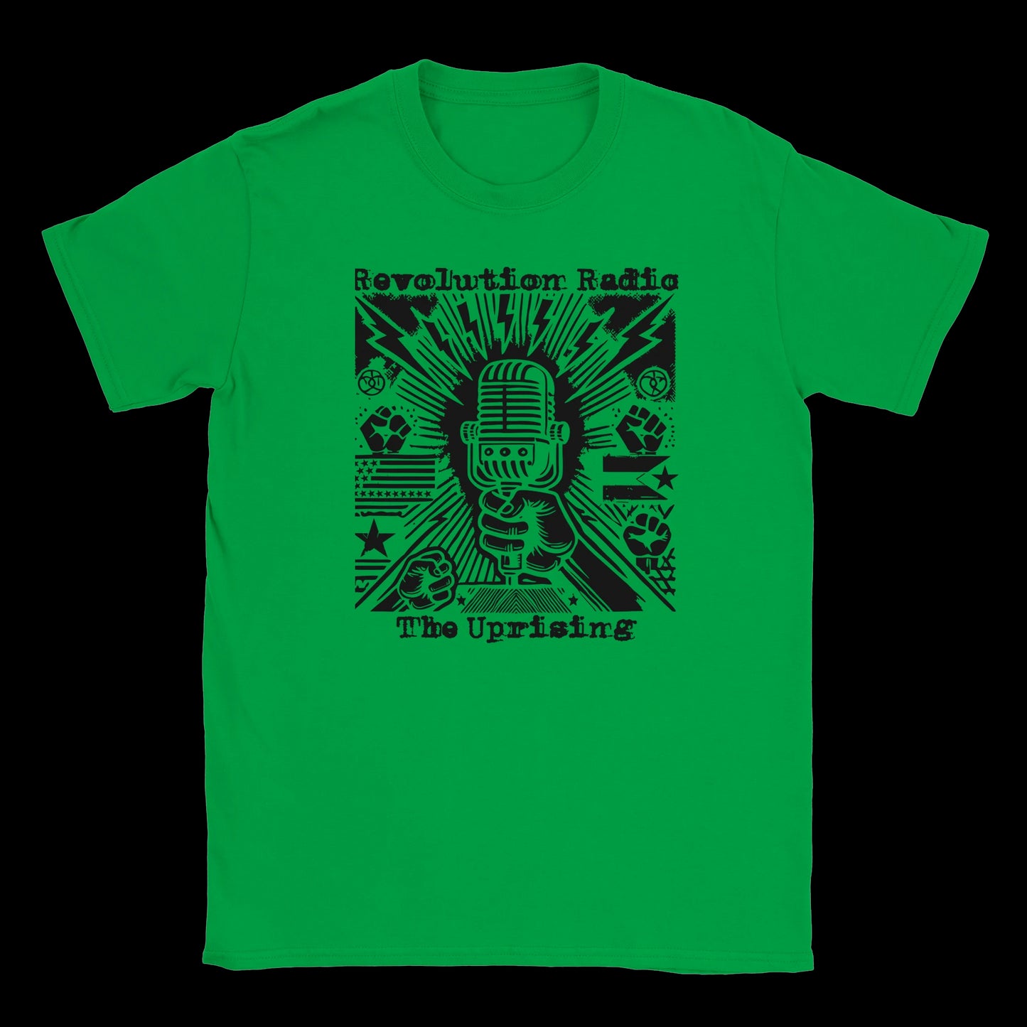 Black graphic of raised fist holding mic with lightning bolts, protest icons, and Revolution Radio text on irish green t shirt
