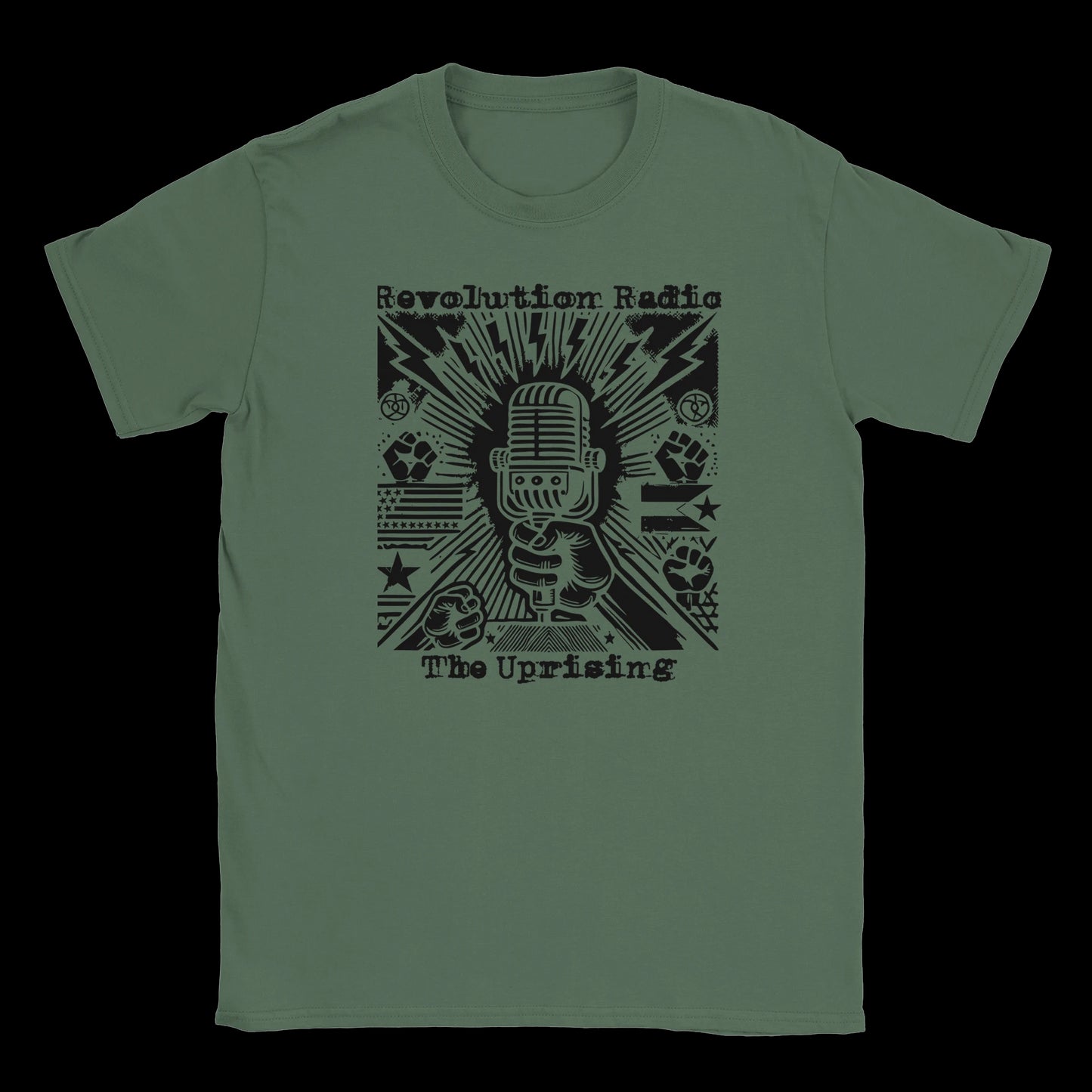 Black graphic of raised fist holding mic with lightning bolts, protest icons, and Revolution Radio text on military green t shirt