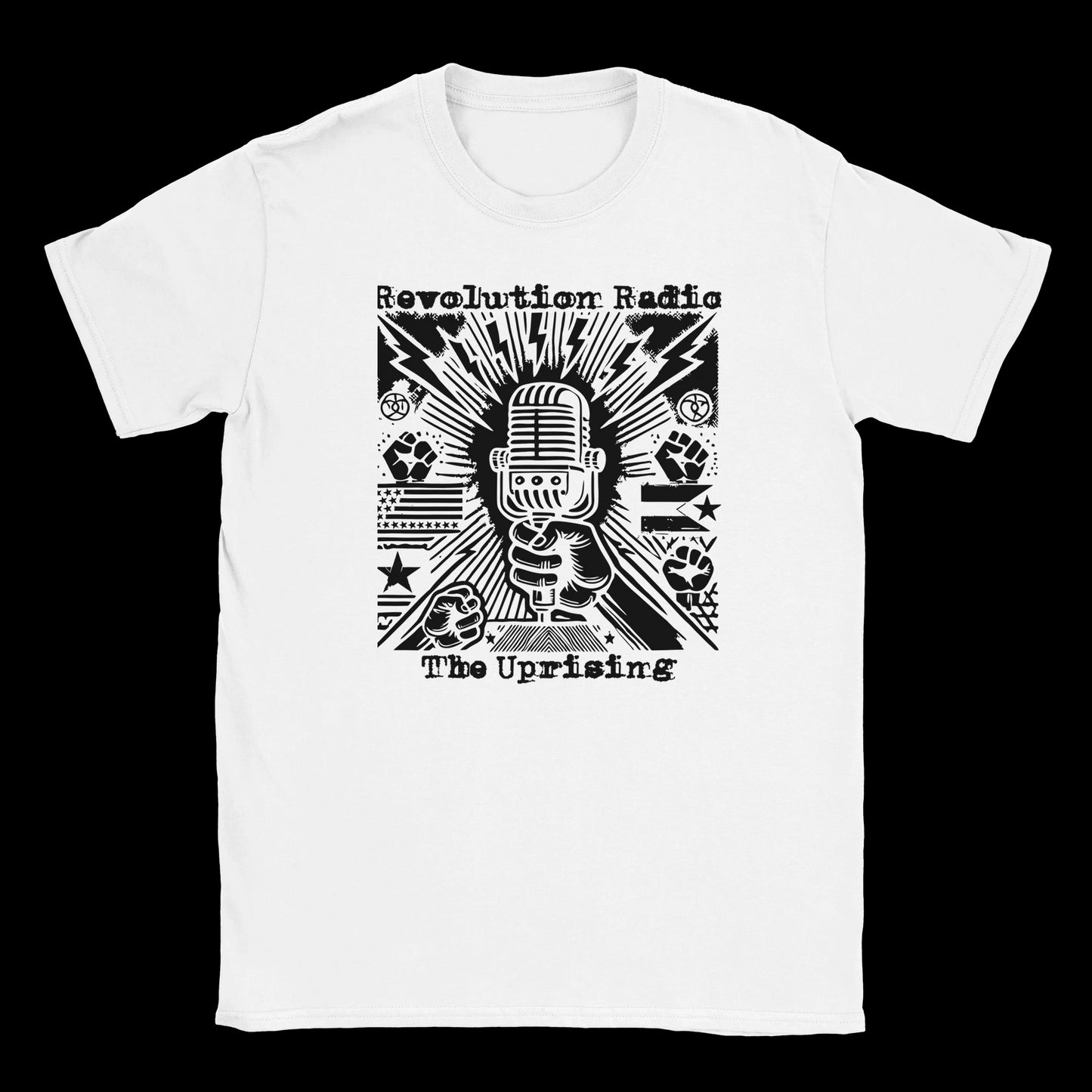 Black and white graphic of raised fist holding mic with lightning bolts, protest icons, and Revolution Radio text