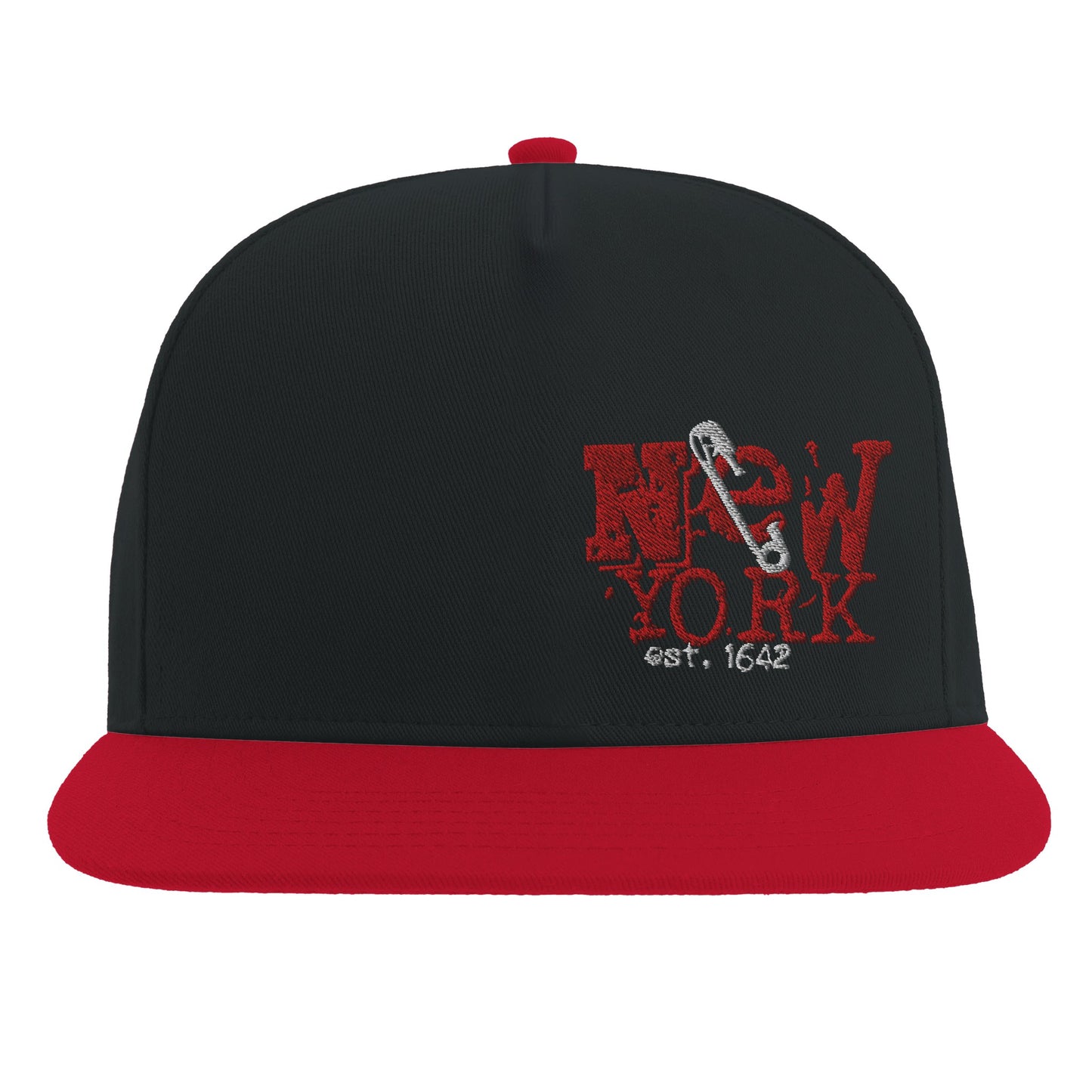 Black and red snapback hat with distressed red NYC embroidery and metallic safety pin detail