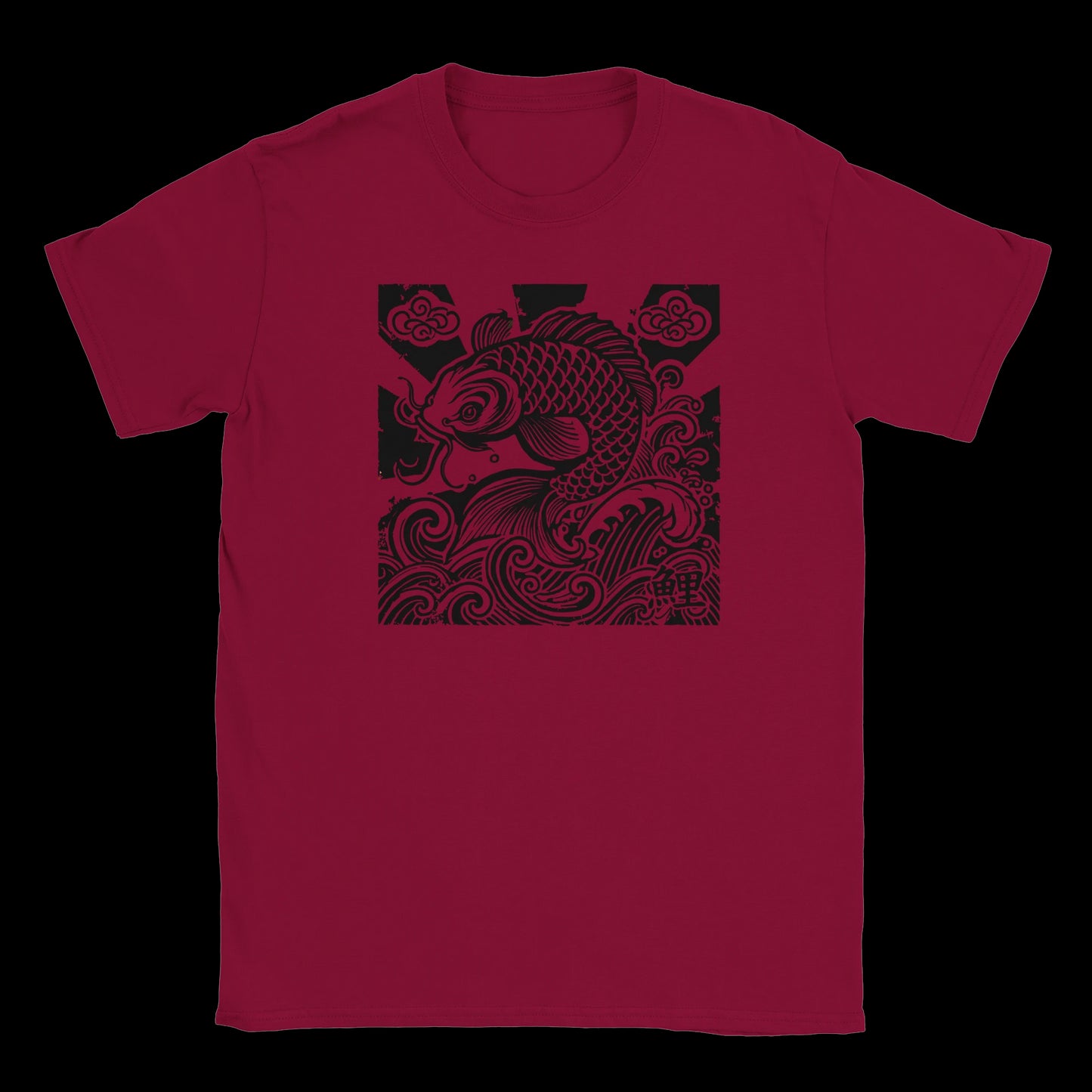 Black koi fish T-shirt design with crashing waves and Japanese cloud motifs red t shirt