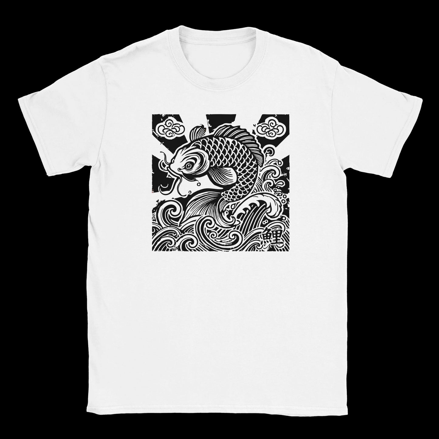 Black and white koi fish T-shirt design with crashing waves and Japanese cloud motifs
