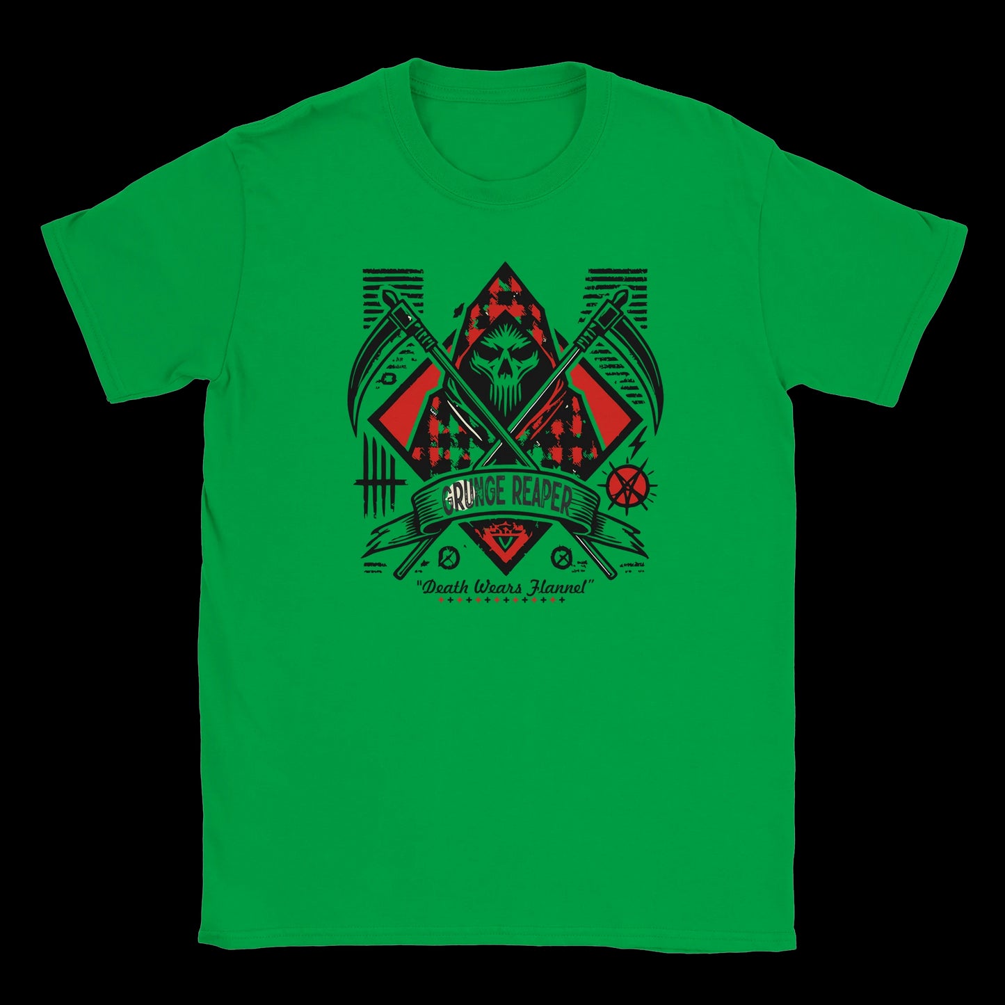 Grunge reaper graphic with red flannel and crossed scythes on a irish green T-shirt
