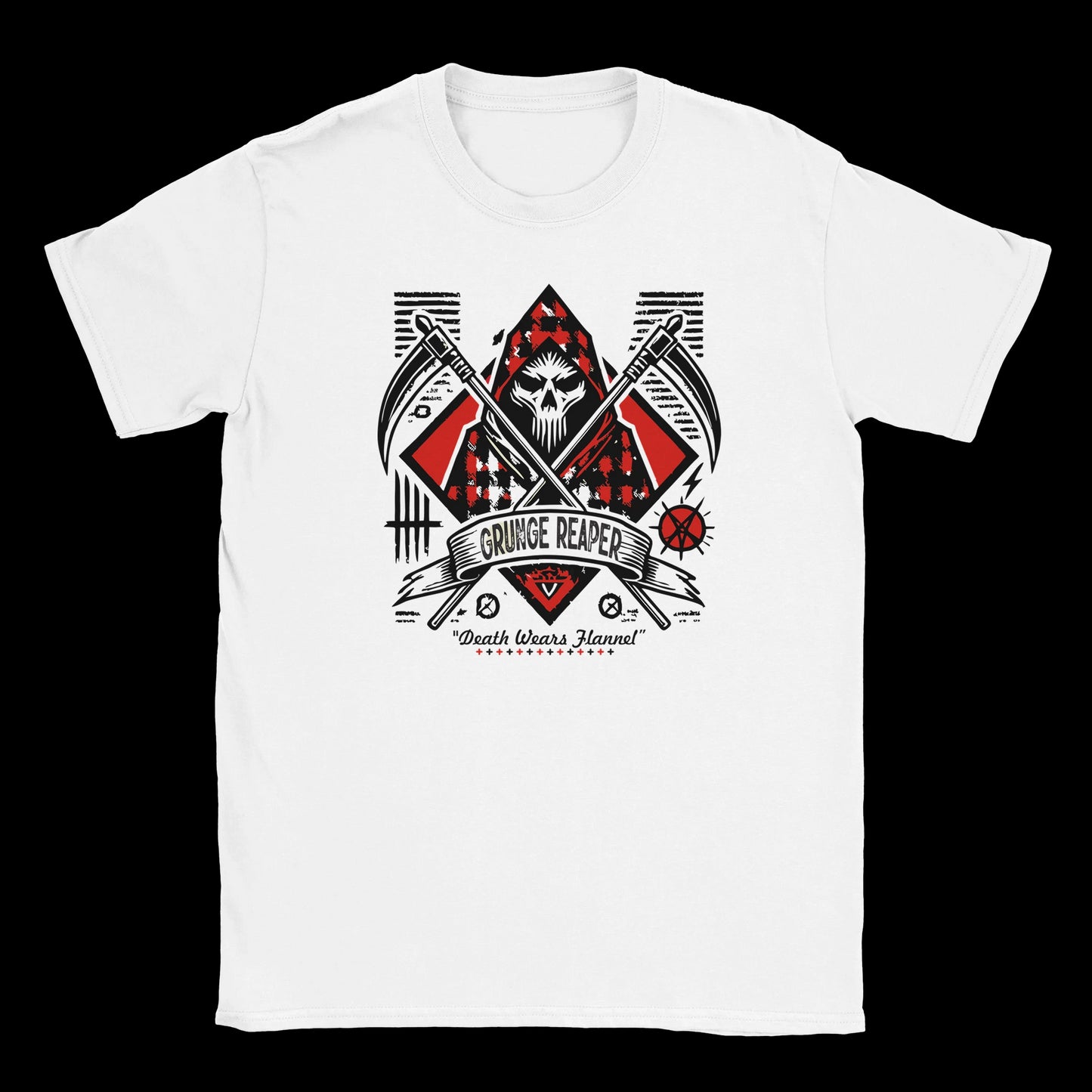 Grunge reaper graphic with red flannel and crossed scythes on a white T-shirt