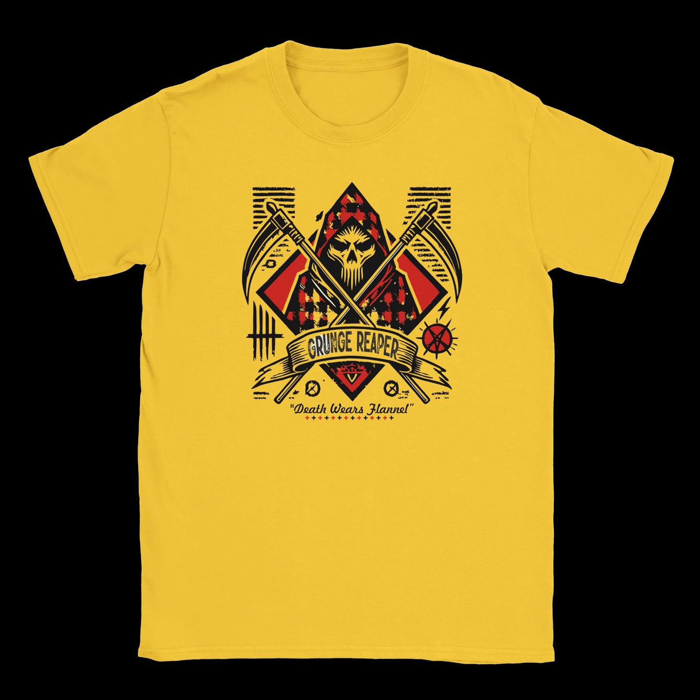 Grunge reaper graphic with red flannel and crossed scythes on a yellow T-shirt