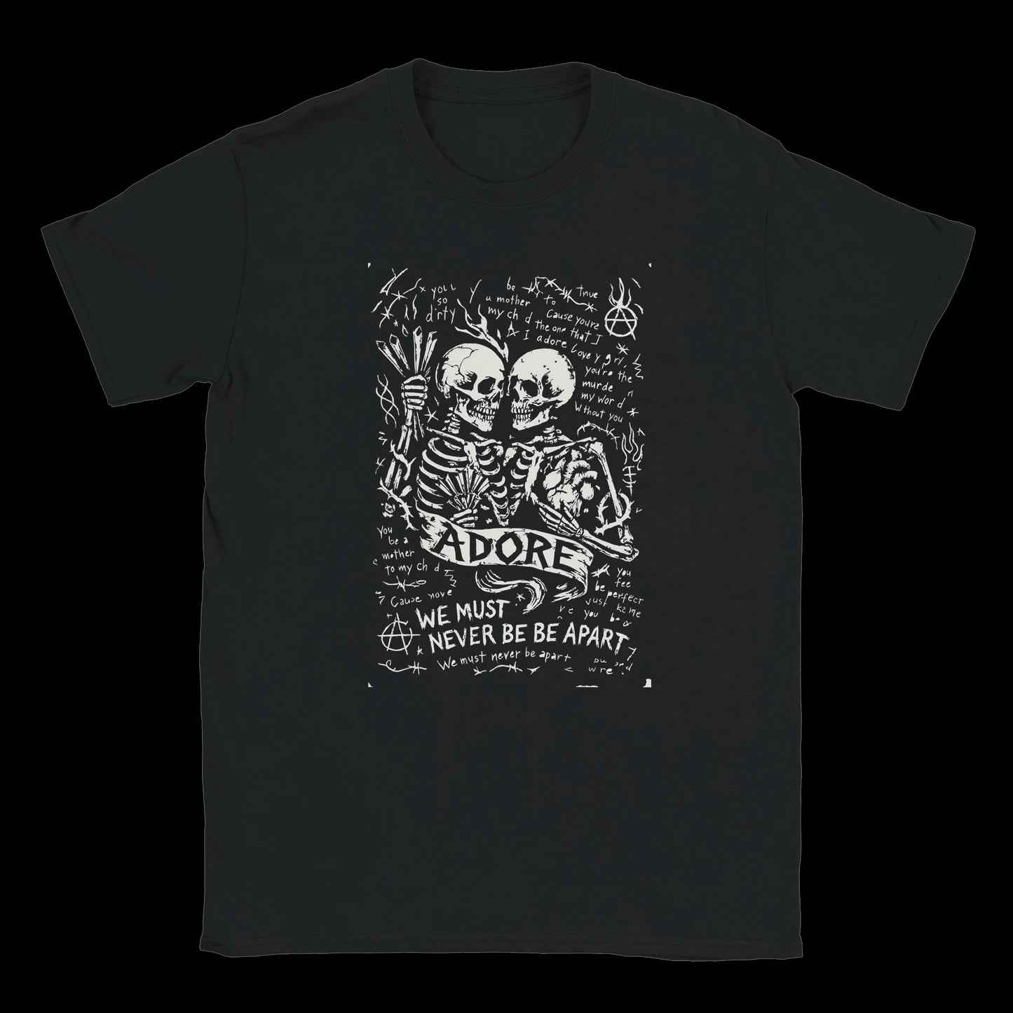 Two skeletons holding each other with handwritten lyrics and anarchy symbols on a black T-shirt