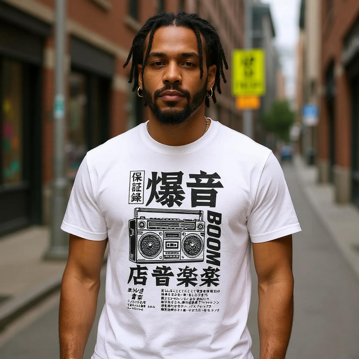 Speaker of the Streets Underground Sound System Japanese boombox graphic in black on a white T-shirt model