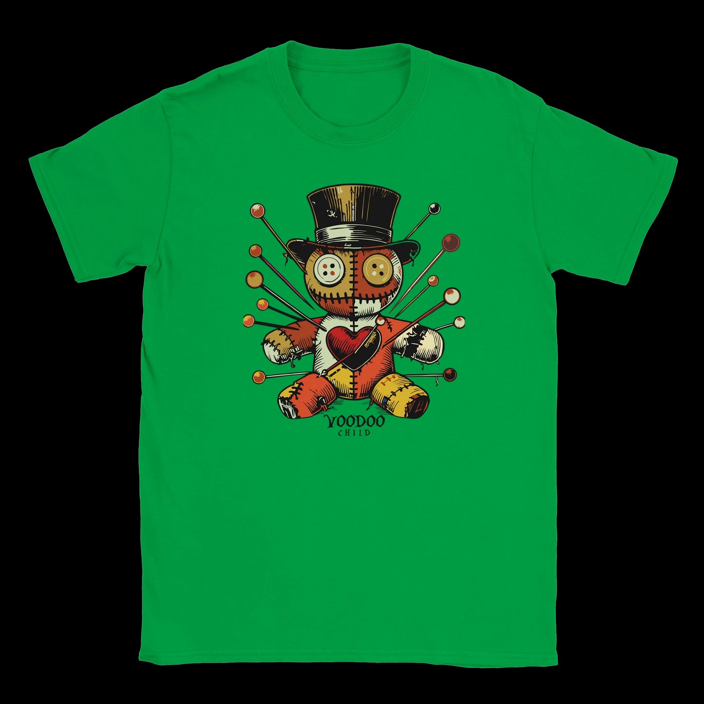 Patchwork voodoo doll with buttons and pins wearing a top hat on irish green T-shirt