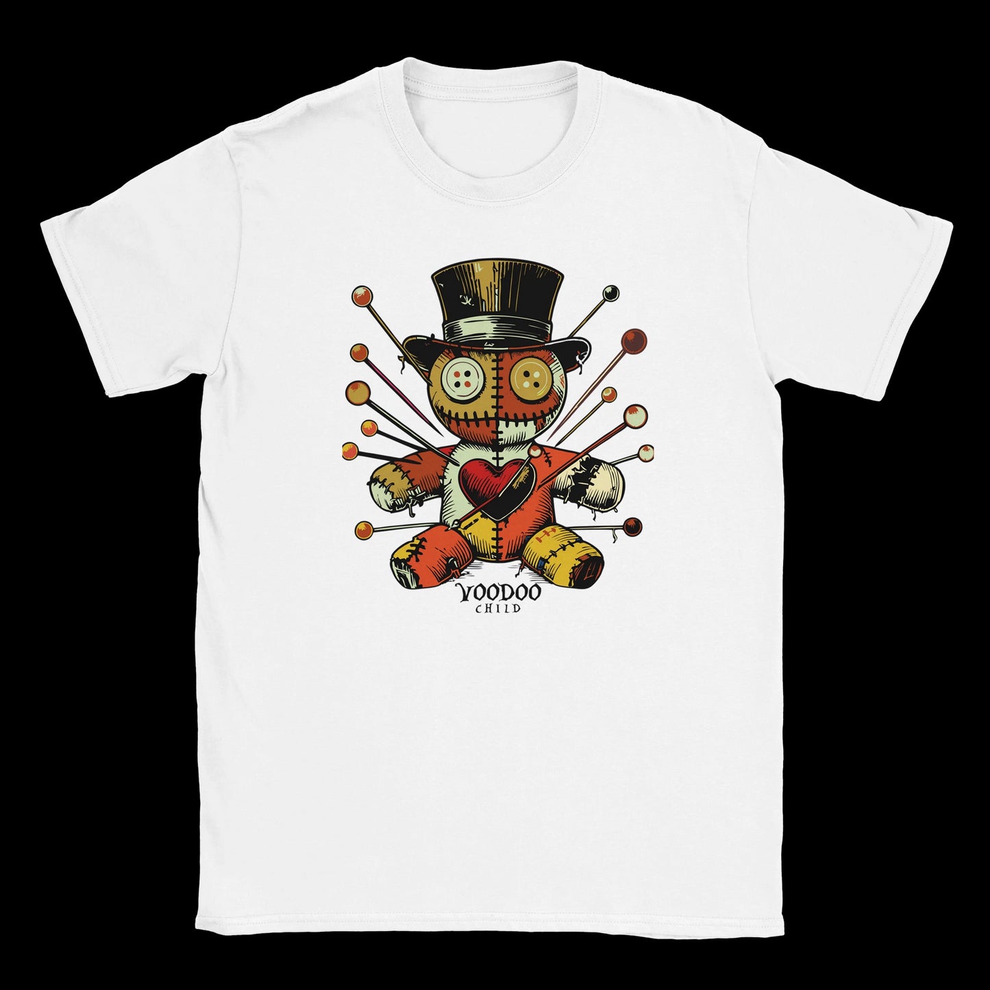Patchwork voodoo doll with buttons and pins wearing a top hat on white T-shirt