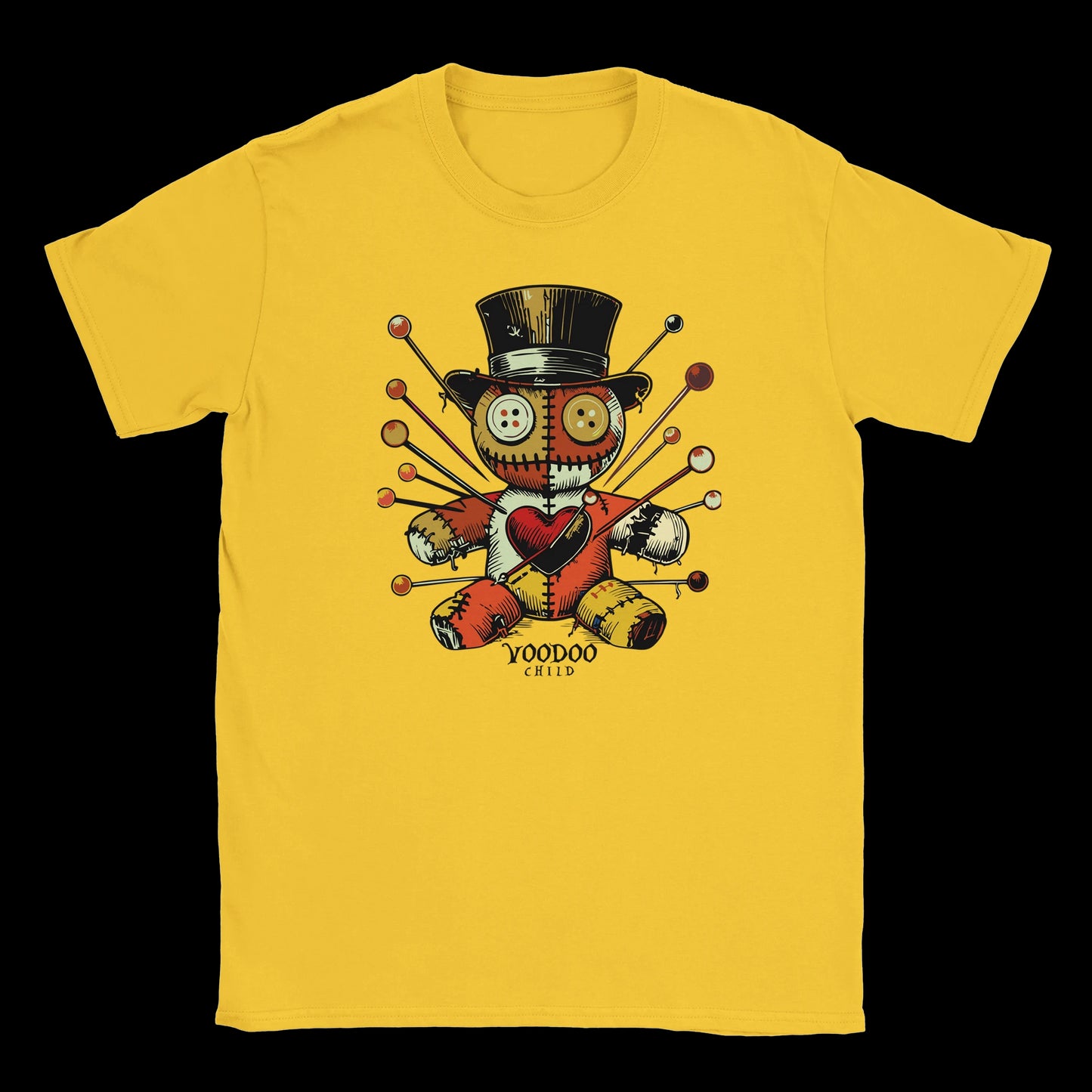 Patchwork voodoo doll with buttons and pins wearing a top hat on yellow T-shirt