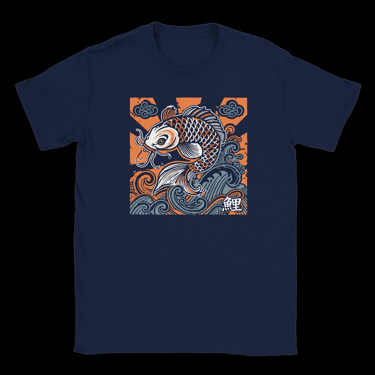 Traditional koi fish swimming through storm waves in orange and navy on navy T-shirt