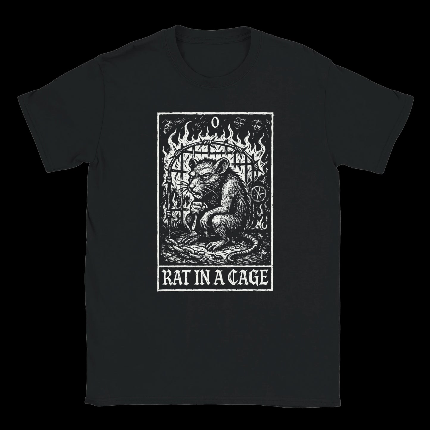 Tarot of Rage design with a chained rat in a burning cage printed on black T-shirt