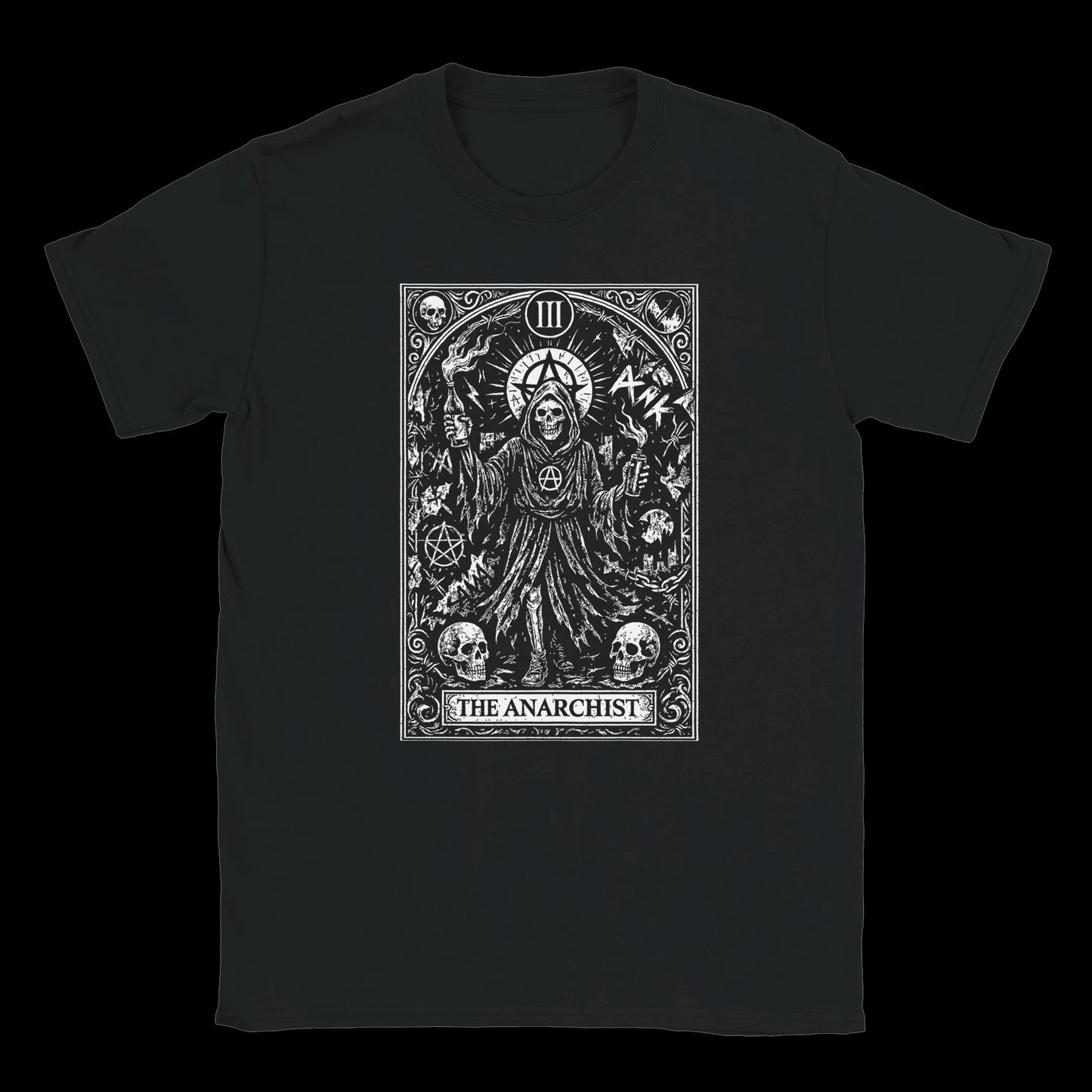 Tarot card-style illustration of an anarchist with torches and skulls printed on black T-shirt