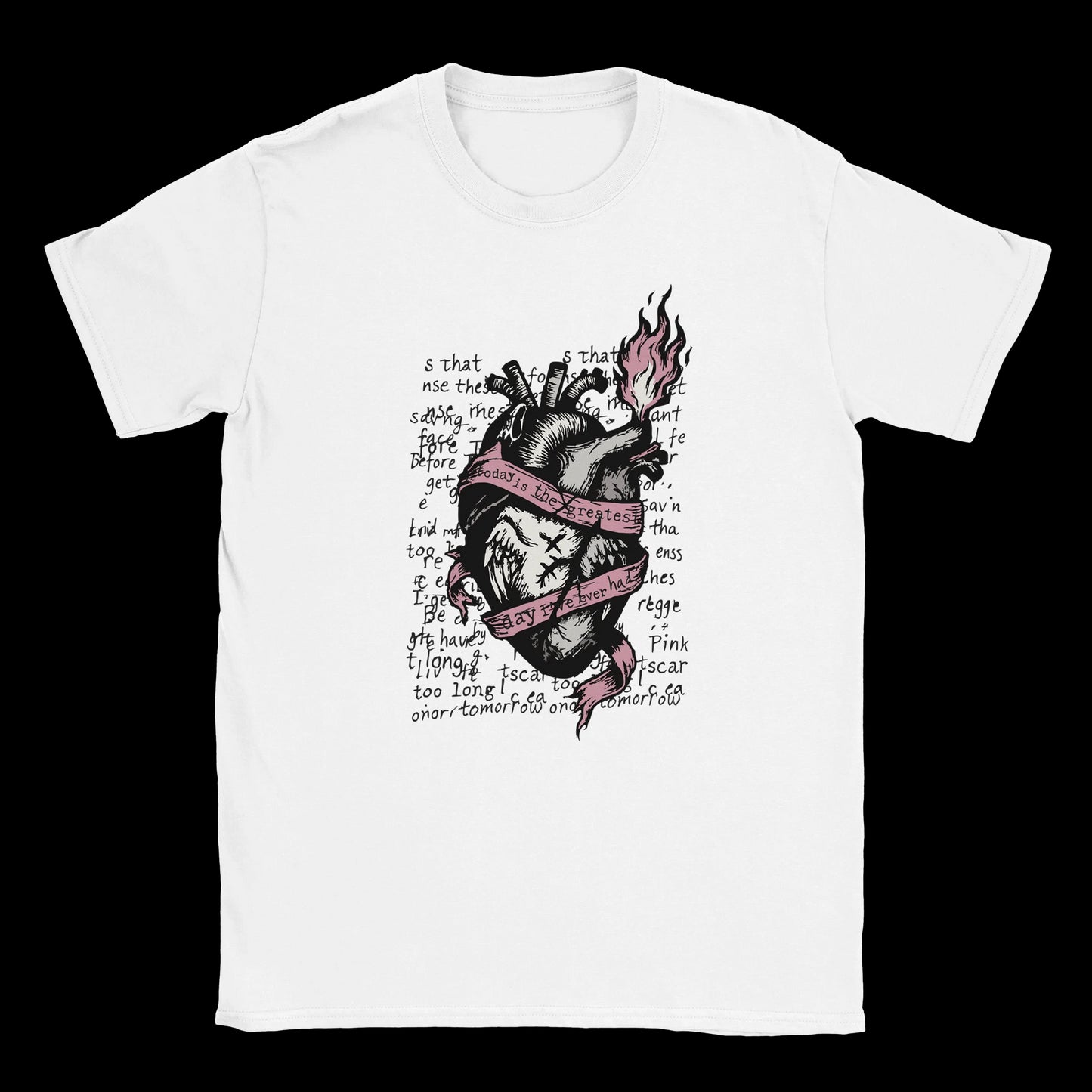 Anatomical heart with pink flaming ribbon and grunge lyrics printed on white T-shirt