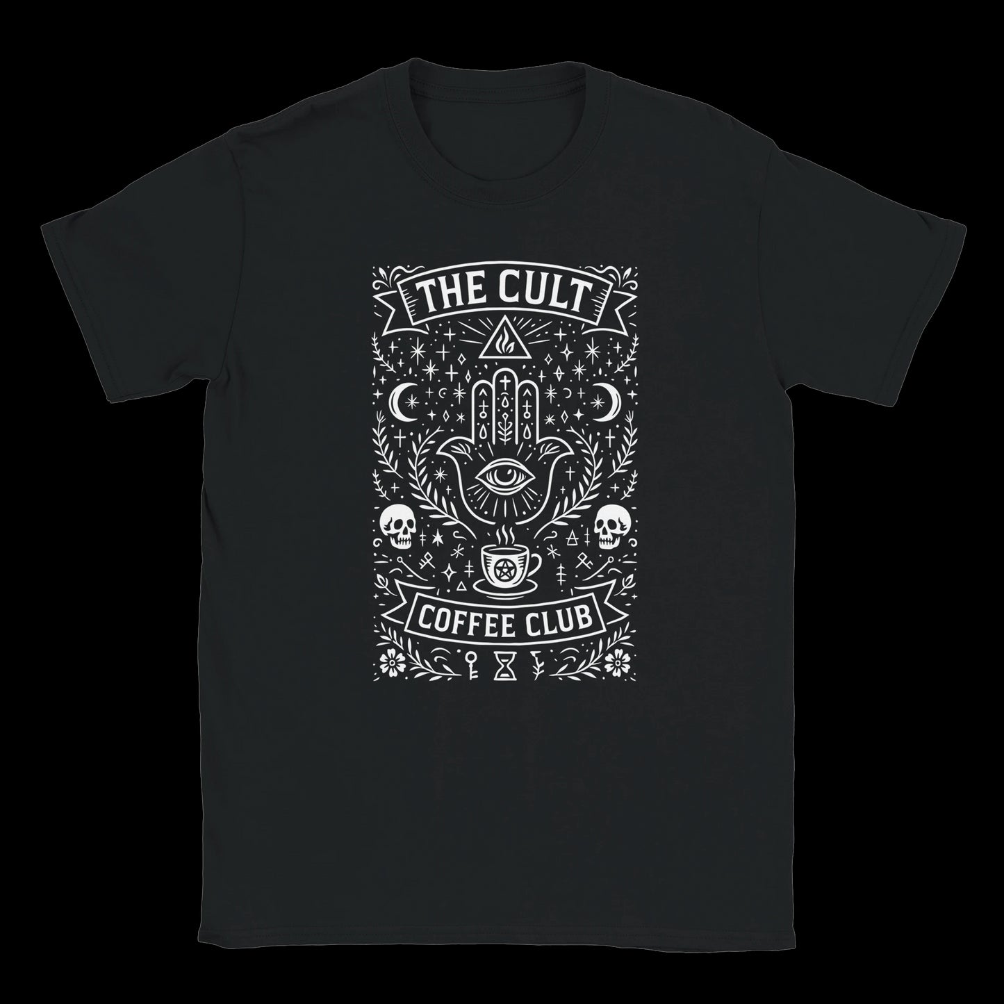 Mystic coffee design with all-seeing eye and skulls on black T-shirt