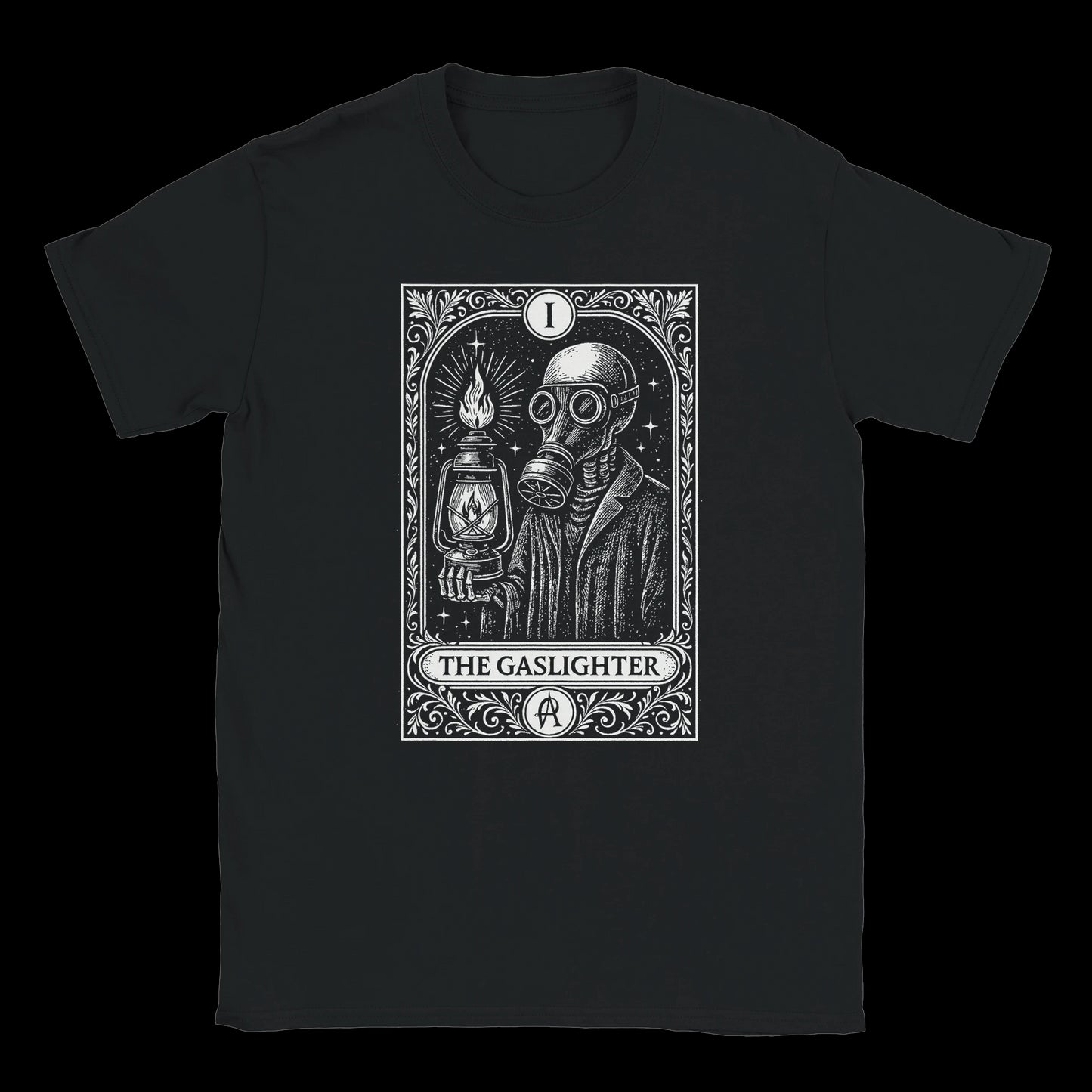 Gas mask figure with lantern in tarot card design on black T-shirt