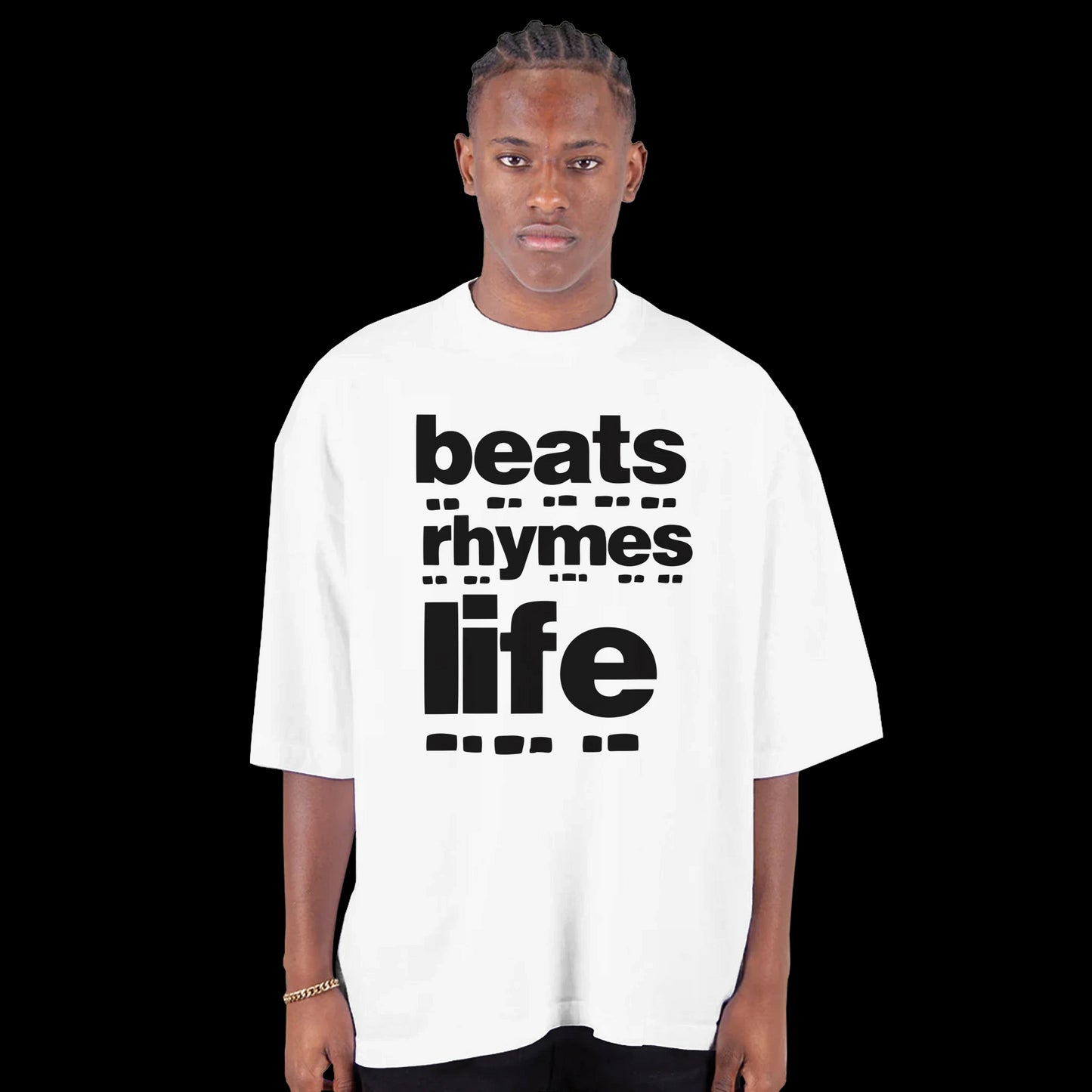 White T-shirt with bold black text reading beats rhymes life in stacked graphic layout front