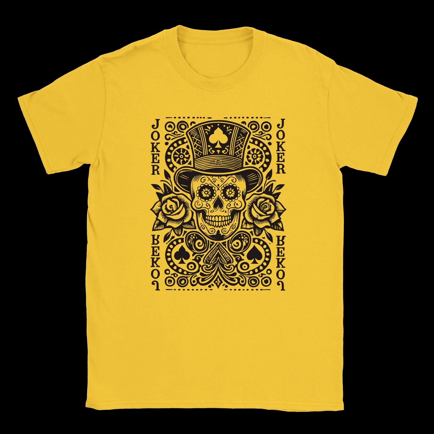 Daisy Yellow T-shirt featuring a black sugar skull Joker card design with roses and playing card elements