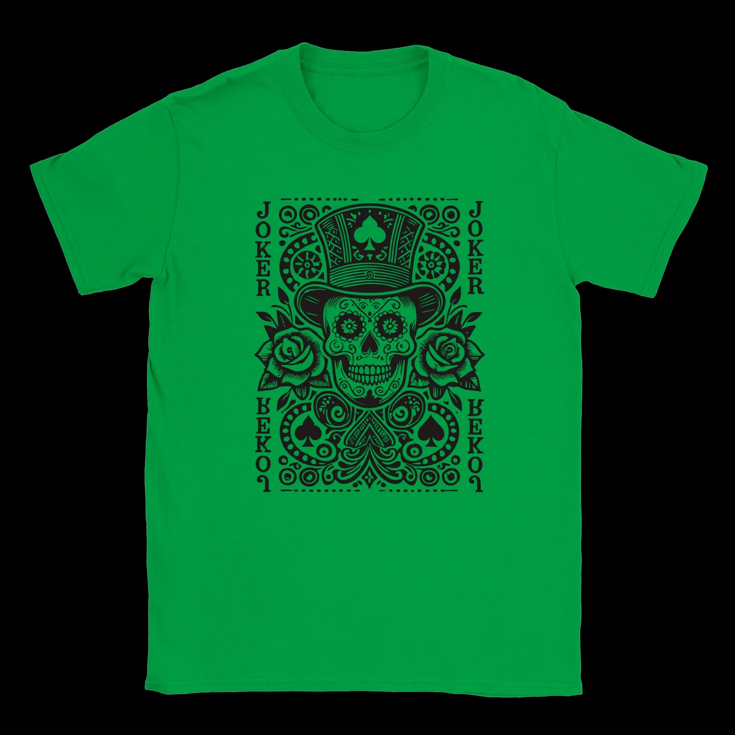 Irish Green T-shirt featuring a black sugar skull Joker card design with roses and playing card elements