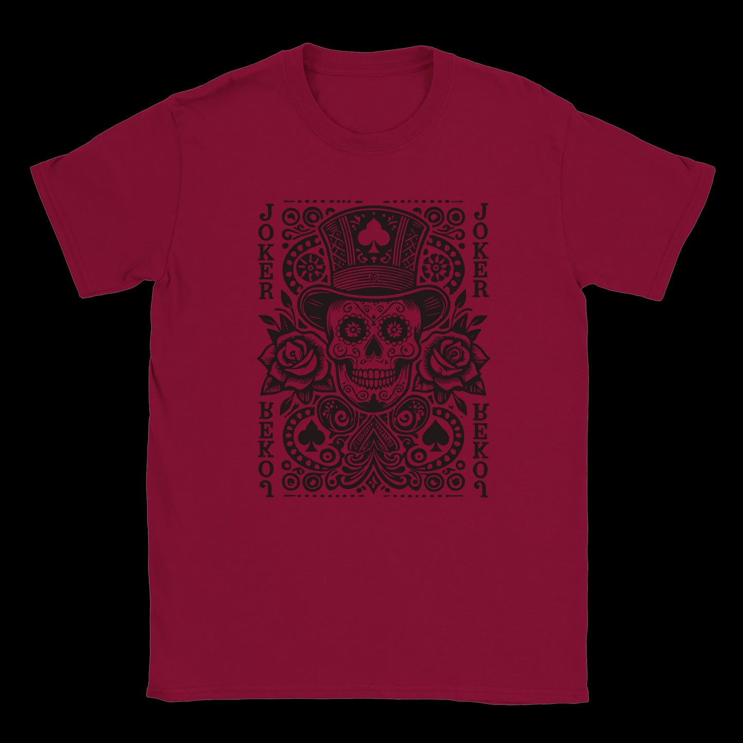 Red T-shirt featuring a black sugar skull Joker card design with roses and playing card elements