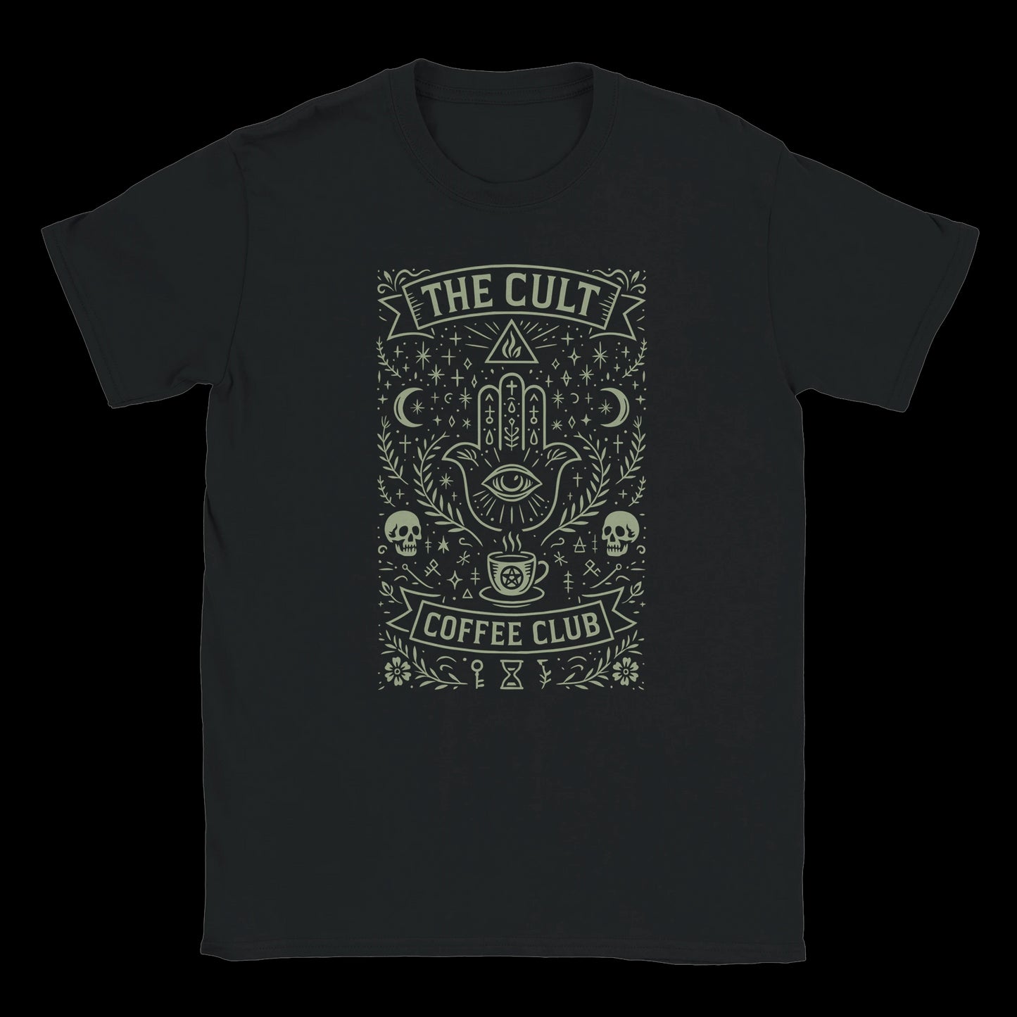 Black T-shirt featuring an occult coffee cult design with a third eye hand symbol, skulls, moons, and mystical coffee cup