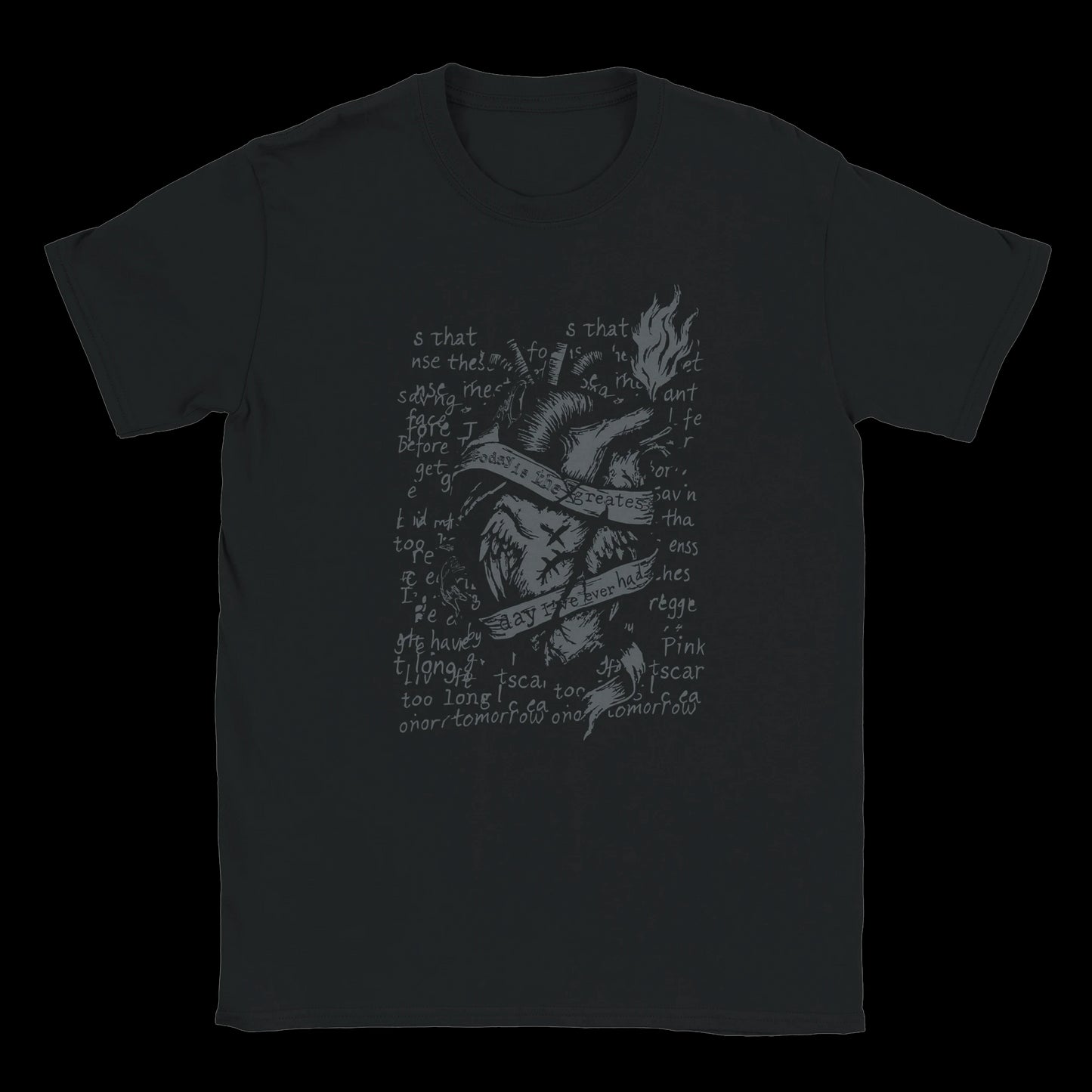 Black T-shirt with a flaming anatomical heart and chaotic handwritten lyrics in tattoo-style design