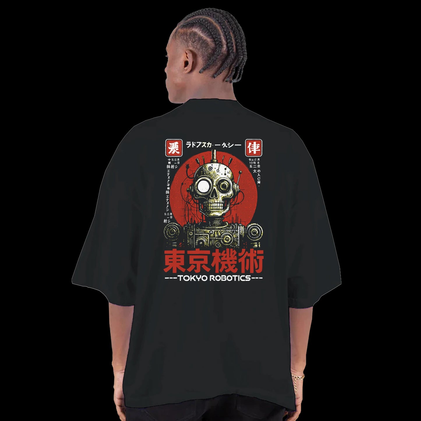 Black T-shirt with front Tokyo Robotics text and back design of a retro robot skull with red Japanese tech graphics back