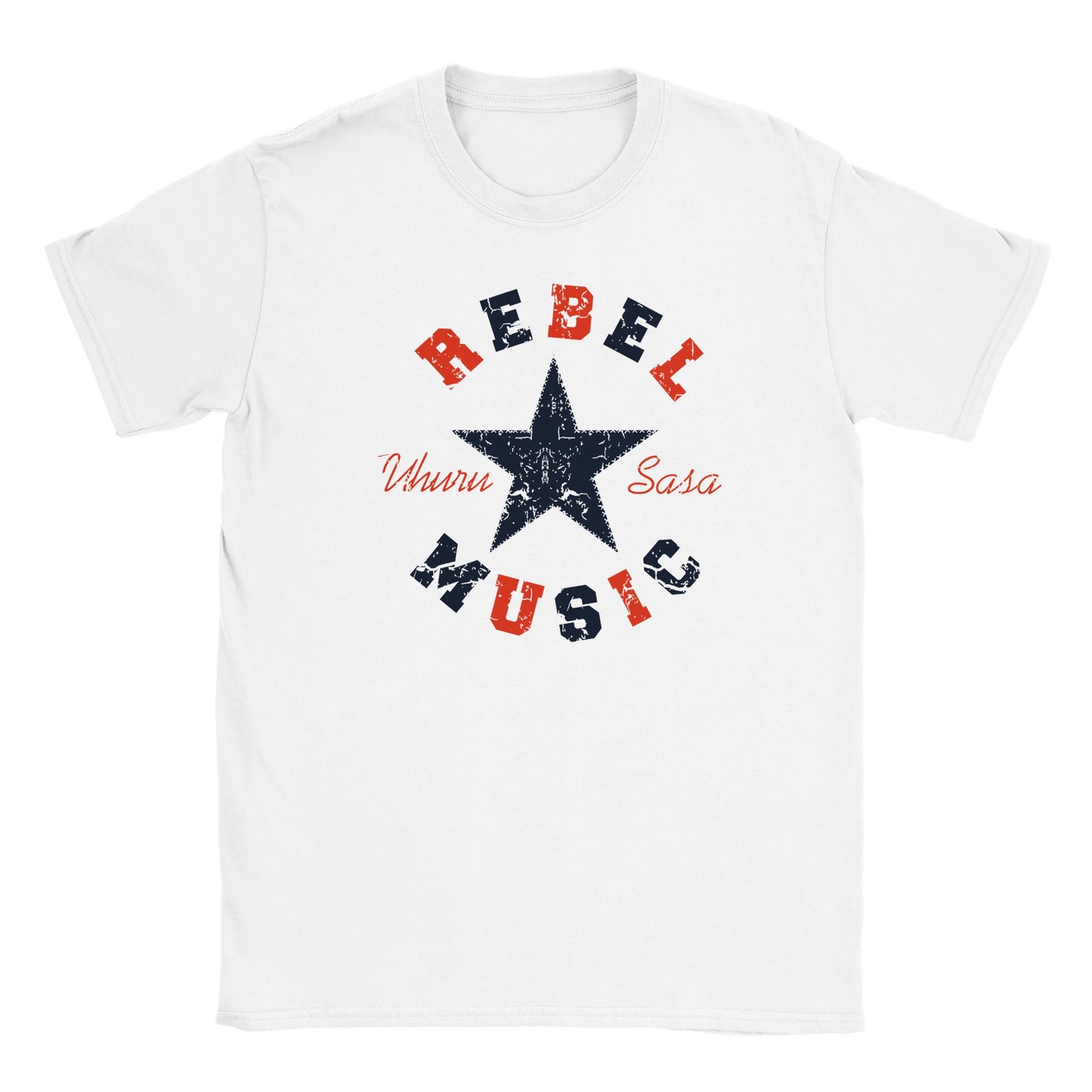 White T-shirt with distressed navy star, red and navy REBEL MUSIC text, and Uhuru Sasa script