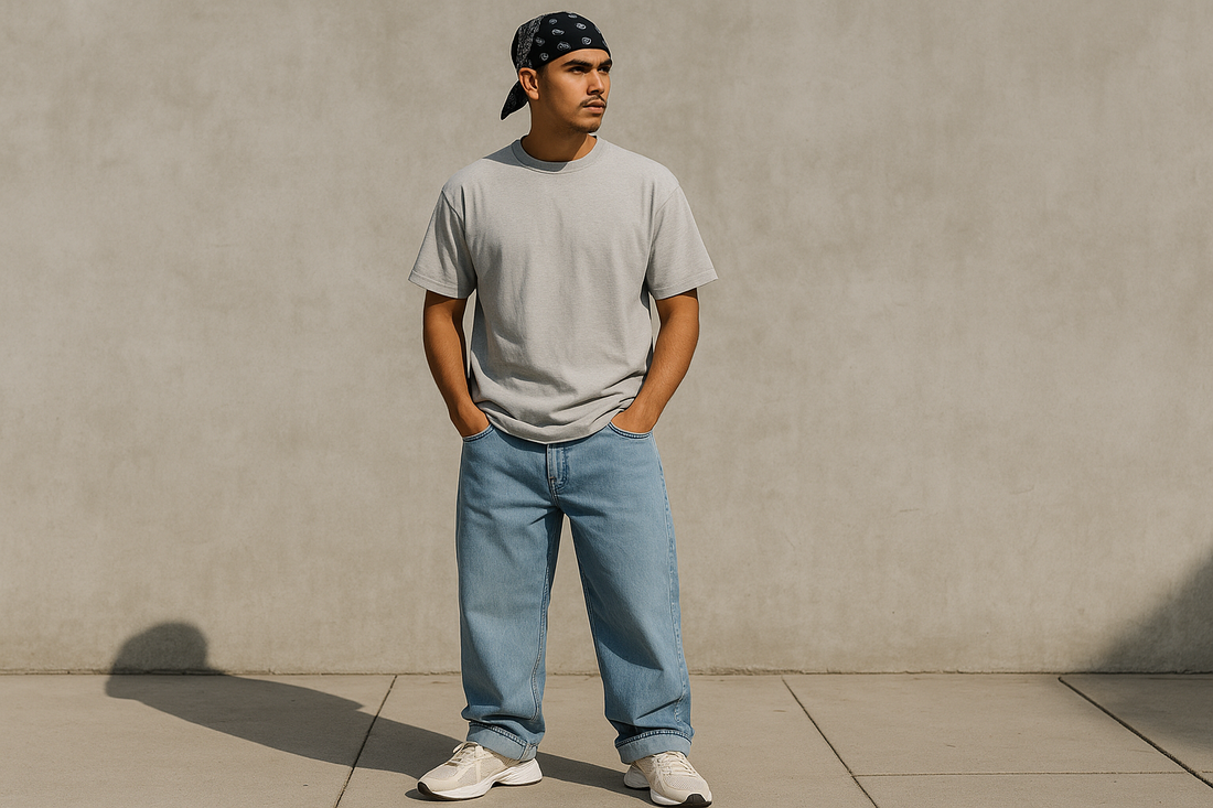 Streetwear model wearing cuffed baggy jeans, mesh sneakers, and a black bandanna, standing against a minimalist concrete wall in natural daylight