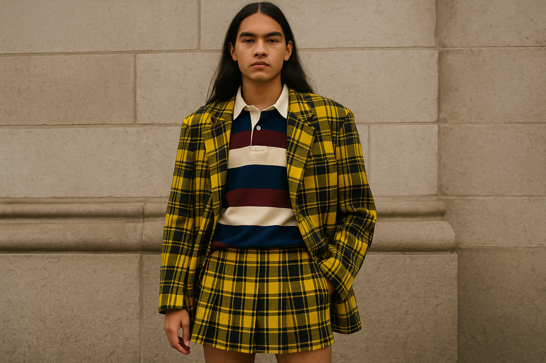 Streetwear model wearing a yellow plaid blazer and pleated skirt layered over a striped rugby shirt, standing against a stone wall in an urban setting, representing Fall 2025 Cher-ture plaid and Neo-Prep rugby trends.