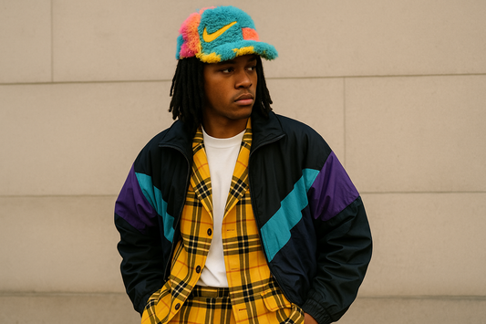 Model in a bold streetwear look featuring a yellow plaid suit layered with a retro color-blocked windbreaker and a multicolored textured cap, representing Fall 2025 streetwear trends with 90s revival and bold sneaker-inspired textures