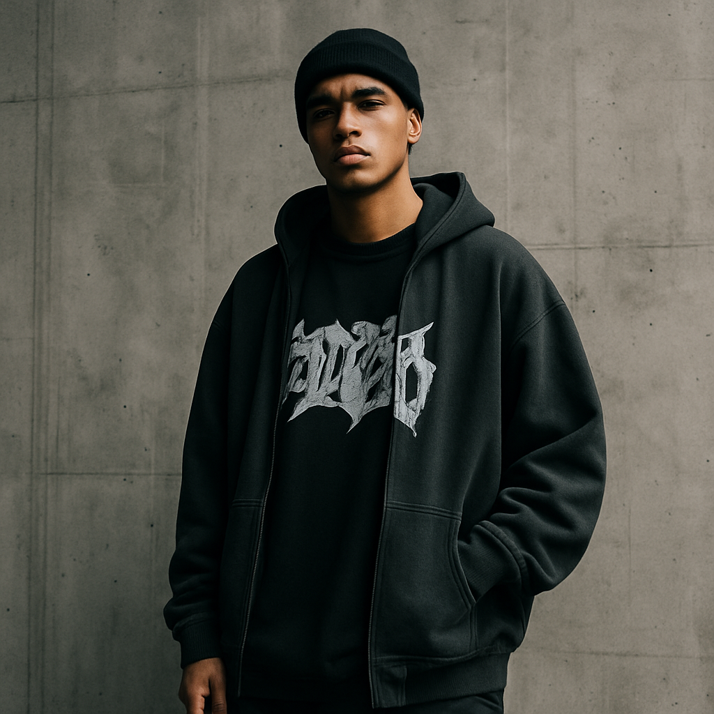 Model wearing oversized black streetwear tee and hoodie, standing against a concrete wall in moody studio lighting, representing modern luxury streetwear.