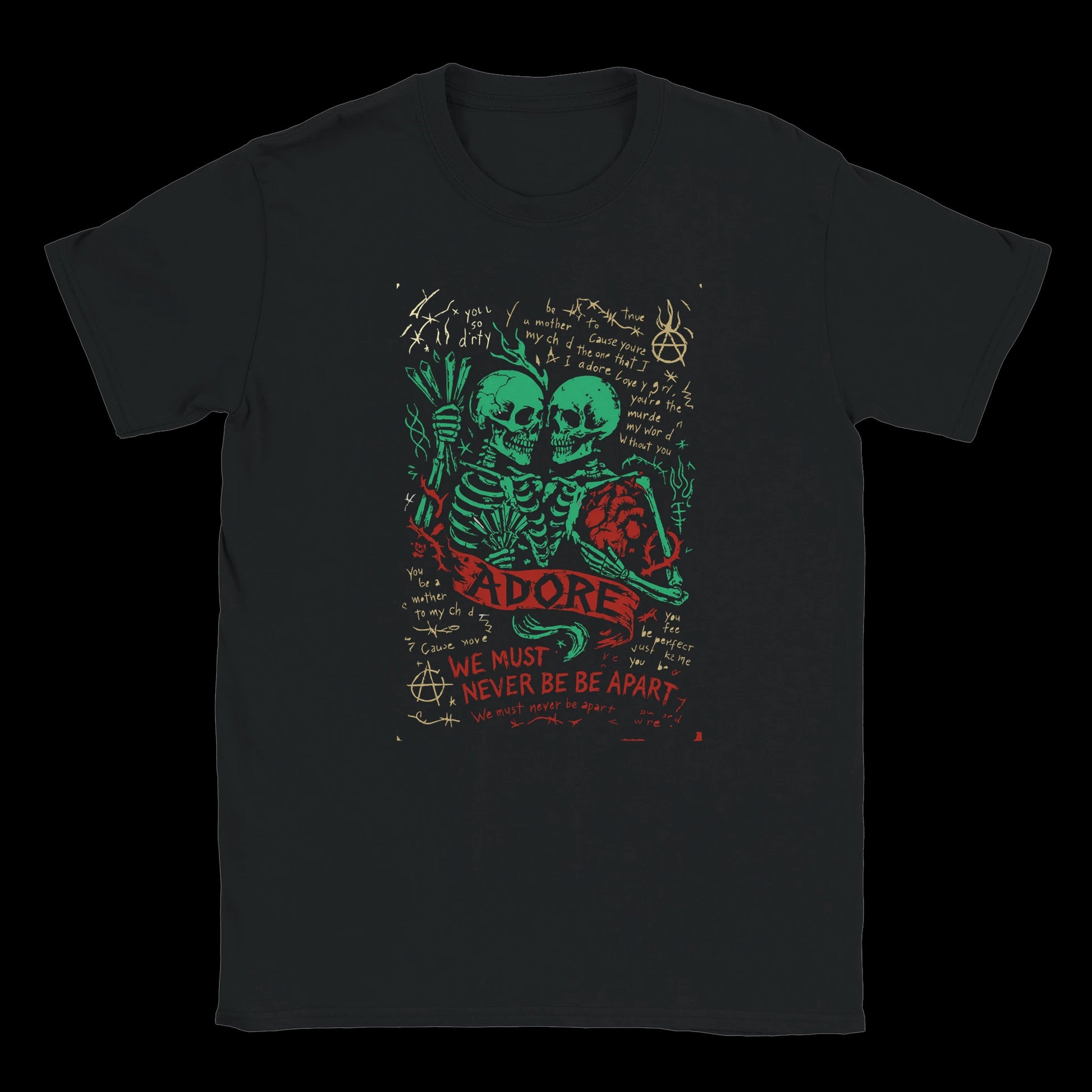 Black T-Shirt with Two skeletons holding each other with a red heart and grunge handwritten text saying "Adore" and "We Must Never Be Apart" on a dark background.