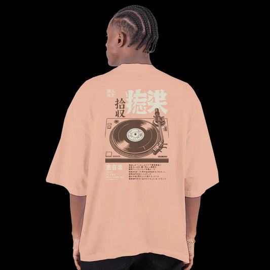 Minimalist vinyl record design with Japanese katakana for turntable on peach t-shirt back