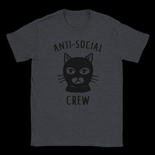 Dark Heather T-shirt with black masked cat graphic and “Anti-Social Crew – Masked Cat Tee” text – streetwear by Two Souls Inc.
