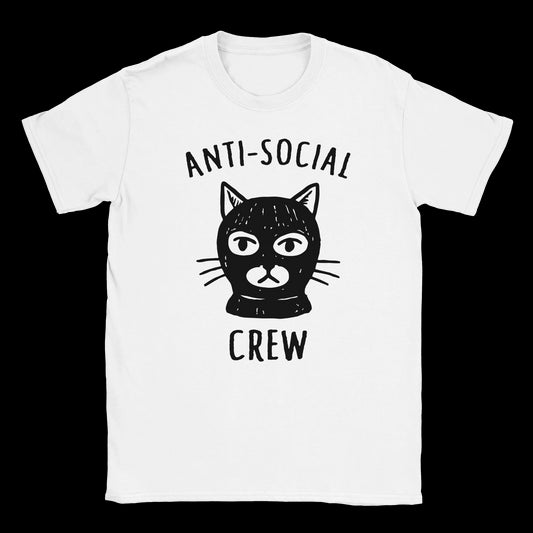 White T-shirt with black masked cat graphic and “Anti-Social Crew – Masked Cat Tee” text – streetwear by Two Souls Inc.