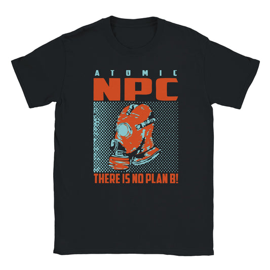 Black T-shirt with orange and blue gas mask graphic, “Atomic NPC Drop Endgame Broadcast” headline, and “There Is No Plan B” text – streetwear from Two Souls Inc.