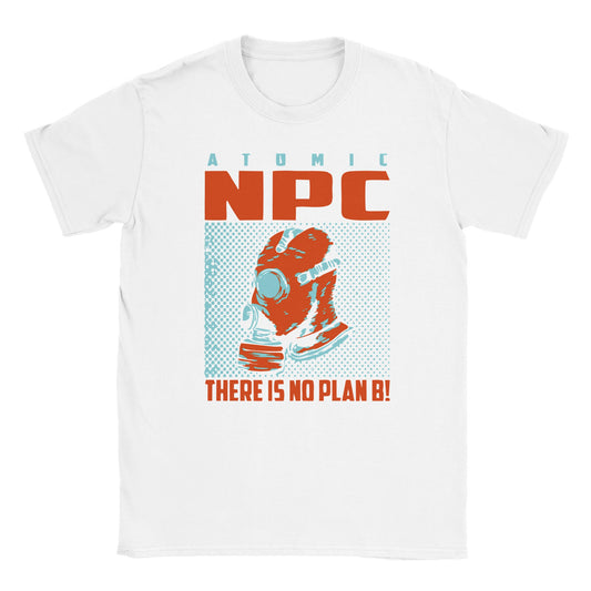 White T-shirt with orange and blue gas mask graphic, “Atomic NPC Drop Endgame Broadcast” headline, and “There Is No Plan B” text – streetwear from Two Souls Inc.