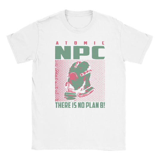 White T-shirt with pink and green gas mask graphic and bold “Atomic NPC – There Is No Plan B” text – streetwear by Two Souls Inc.