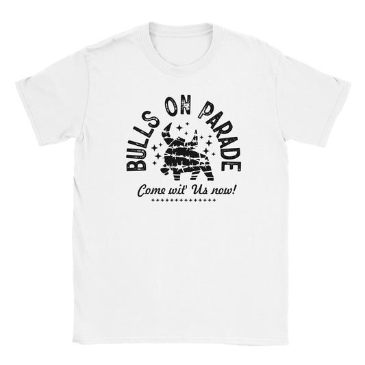 White T-shirt with bold black barbed wire bull graphic and “Bulls on Parade – Come wit' Us now!” text – streetwear by Two Souls Inc.