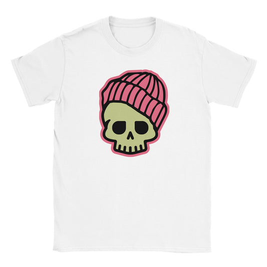 White T-shirt with green skull wearing a pink beanie hat – Beanie Reaper streetwear design by Two Souls Inc.
