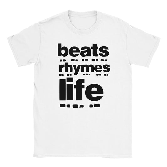 White T-shirt with bold black stacked text reading “beats rhymes life” in block letters – minimalist hip-hop streetwear by Two Souls Inc.