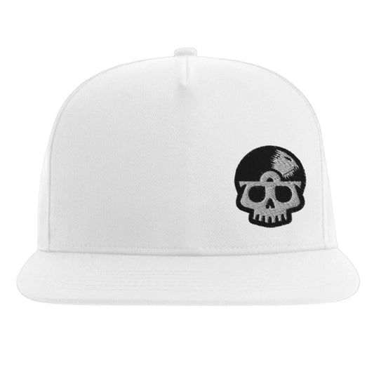 White snapback hat with silver and black embroidered skull and vinyl record graphic – DJ Loop Classic design by Two Souls Inc.

