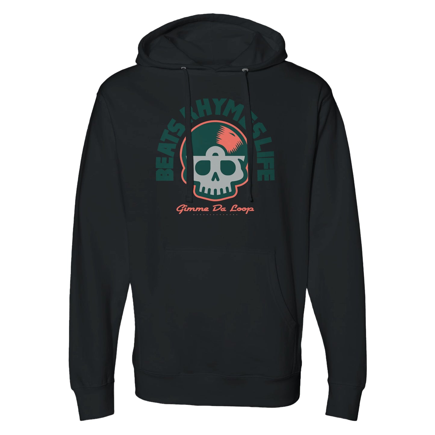 "Black hoodie with dark green and coral graphic of a skull merged with a vinyl record, surrounded by 'Beats Rhymes Life' text and 'Gimme Da Loop' in coral script—evoking hip-hop nostalgia and streetwear edge."
