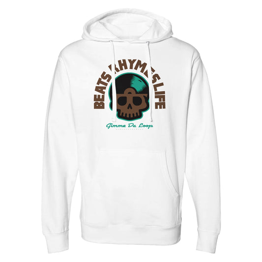 White hoodie with brown, teal, and black vinyl skull graphic and “Beats Rhymes Life – Gimme Da Loop” text – hip-hop hoodie design by Two Souls Inc.