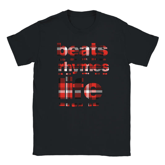 Black T-shirt with bold red and black plaid “beats rhymes life” text in block letters – Highland Flow Edition streetwear design by Two Souls Inc.