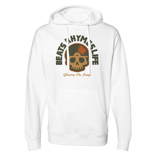 "White hoodie featuring a skull-vinyl fusion graphic in olive and burnt orange, with the phrase 'Beats Rhymes Life' arched above and 'Gimme Da Loop' in script below—blending retro hip-hop aesthetics with modern streetwear."

